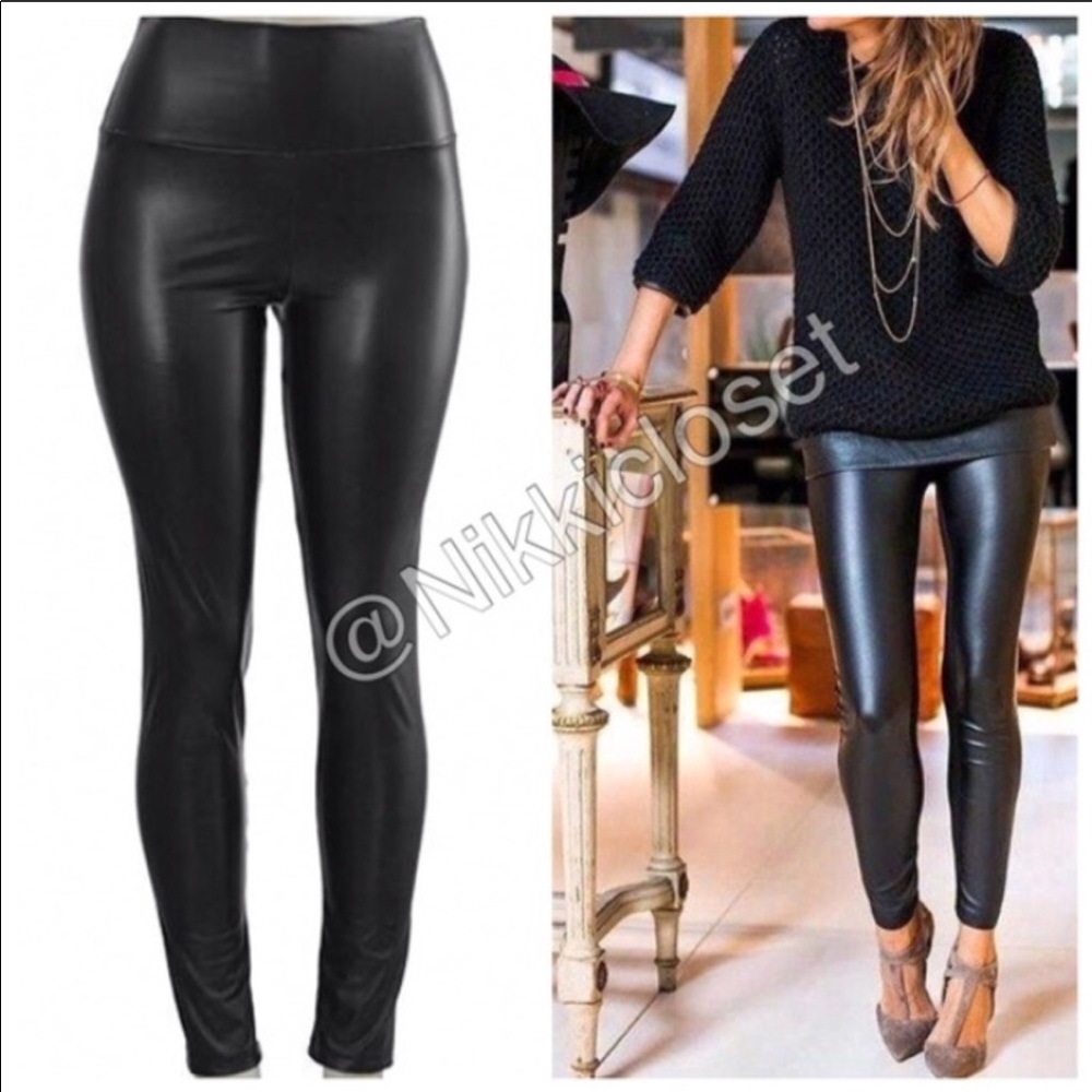 High Waist faux Leather Leggings Vegan Black Lined